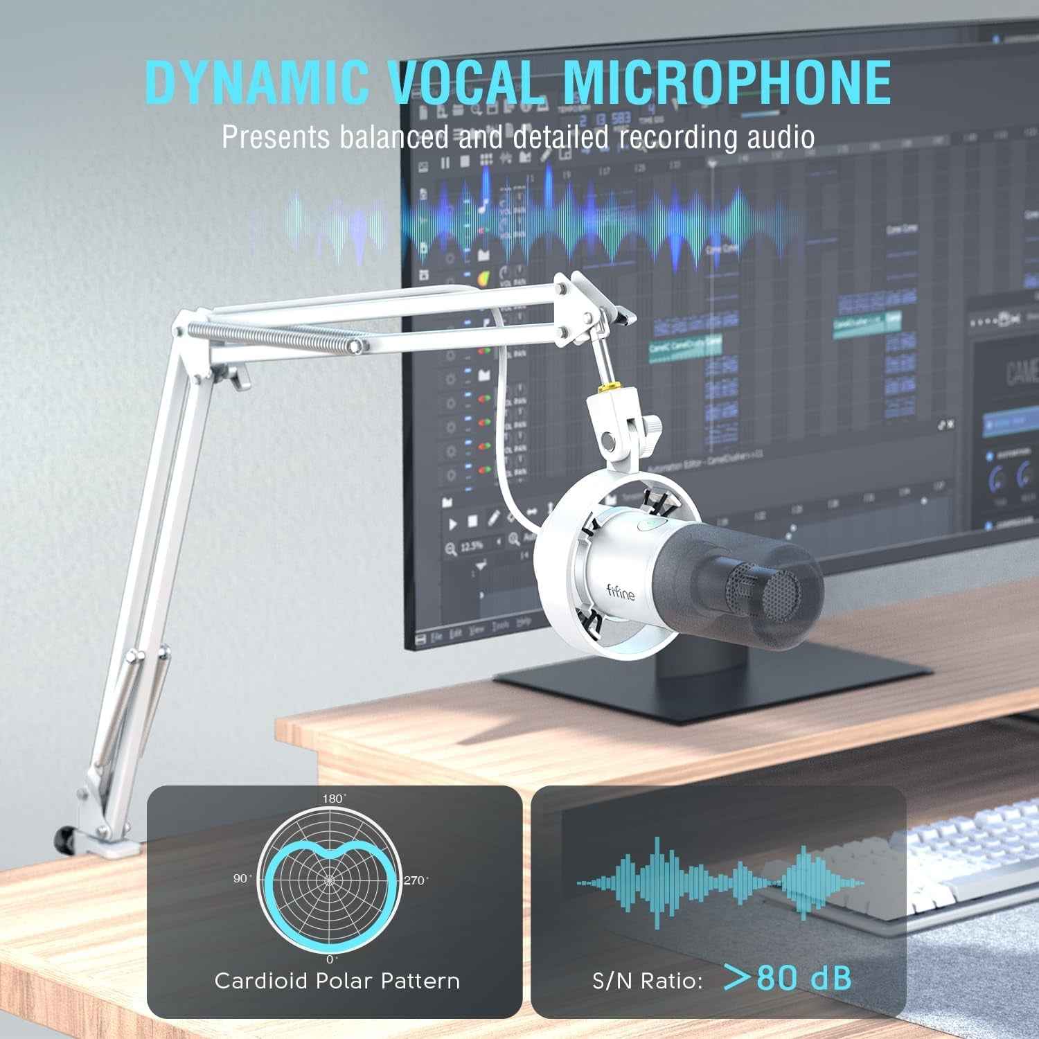 Dynamic Microphone with Boom Arm, Studio Vocal XLR Microphone, Podcast USB Mic Kit for PC with Mute Button, Volume Knob, Headphone Jack, for Streaming Recording-Amplitank K688CT White