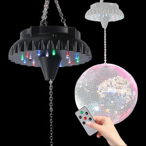 Disco Ball Motor Rotating with Light: Rechargeable Disco Ball Spinner with Remote Adjustable Speed - 18 RGBW LED Light for Hanging Mirror Ball Wedding Party Decor