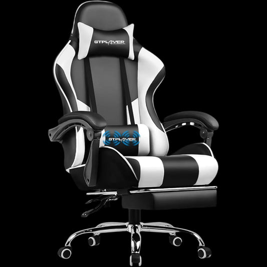 Gaming Chair, Computer Chair with Footrest and Lumbar Support, Height Adjustable Game Chair with 360°-Swivel Seat and Headrest and for Office or Gaming (White)