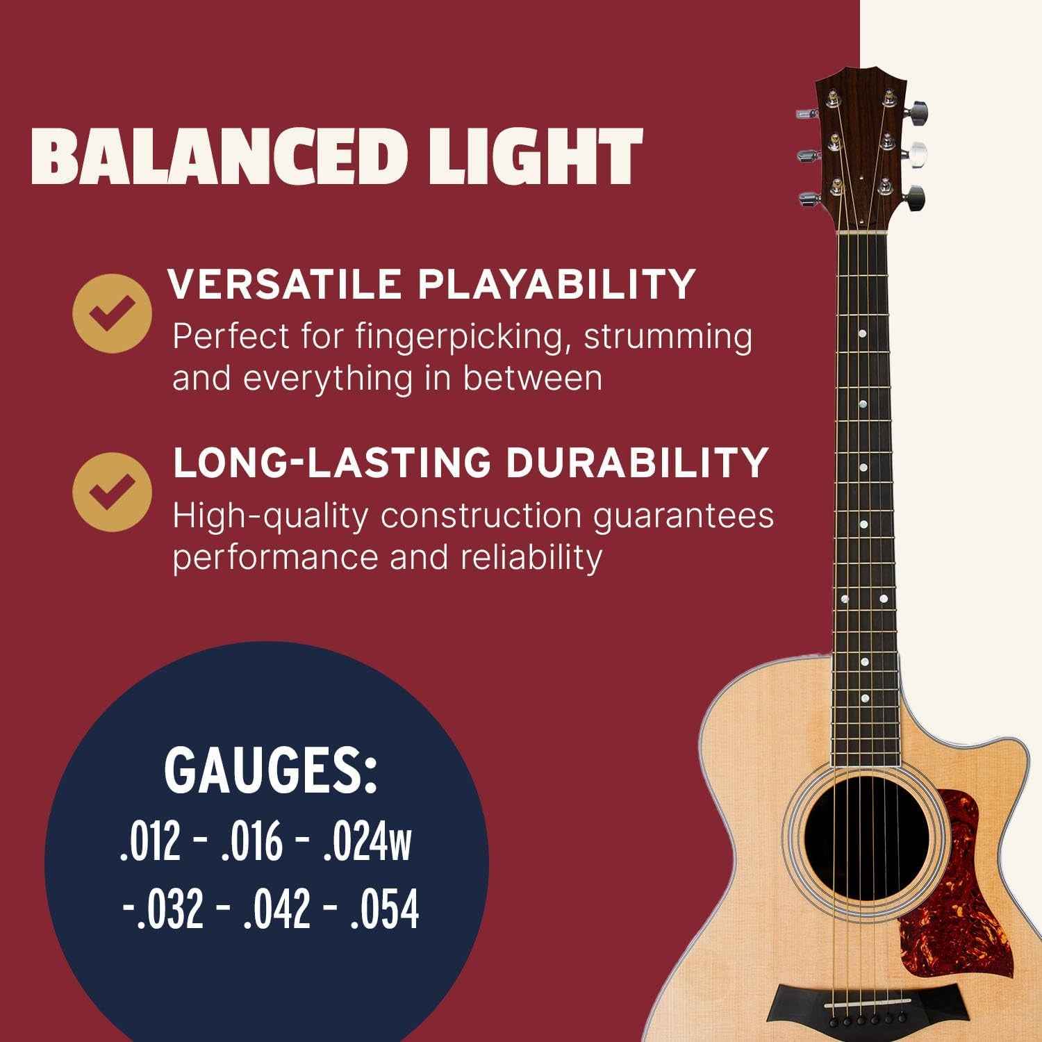 NB1254 Phosphor Bronze Acoustic Guitar Strings, 12-54 Light Gauge, Acoustic Guitar Strings for Clear Tones, Durable Light Guitar Strings, Naturals 6 String Set