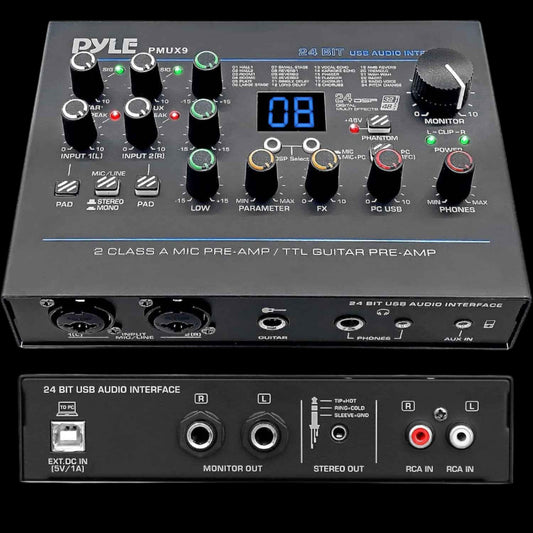 Professional USB Audio Interface with MIC/LINE, Guitar, AUX Stereo and RCA Inputs, Phone/Stereo/Monitor Outputs, Ideal for Computer Playing & Recording, Preset 24 Digital Effects - PMUX9