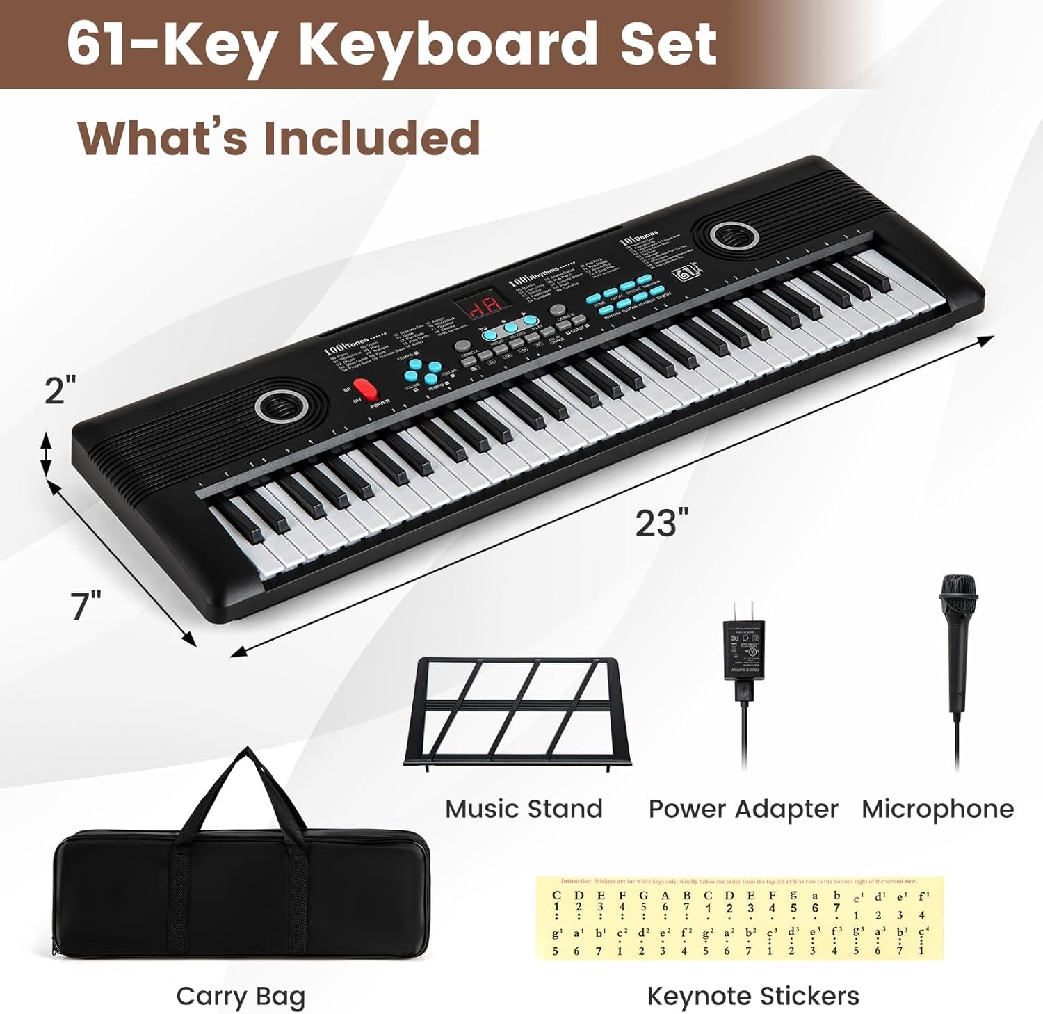 61 Key Keyboard Piano, Electric Digital Piano Keyboard with Microphone, Music Stand, Keynote Stickers & Carrying Bag, Portable Keyboard Piano for Beginners Adults