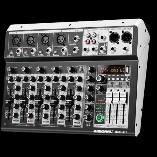 6 Channel Audio Interface Sound Board Mixing Console 16-Bit DSP DJ Mixer Audio Reverb Effect +48V Phantom Bluetooth Studio Audio Mixer for Karaoke Studio Streaming Recording