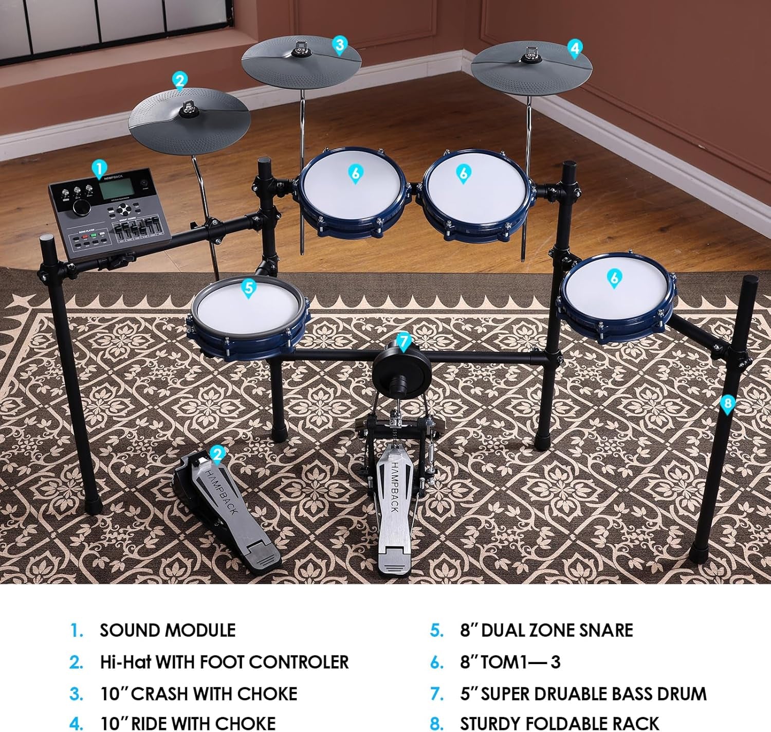 ACE-307 Electric Drum Sets for Beginner with Quite Electronic Drum Mesh Pads, 2 Cymbals W/Choke, 52+20 Drum Kits and 918 Sounds, USB MIDI, Recording Function(5 Pads, 3 Cymbals)