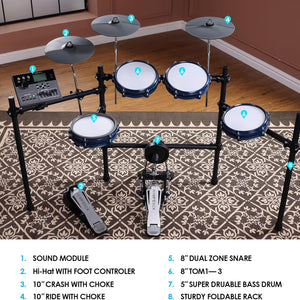 ACE-307 Electric Drum Sets for Beginner with Quite Electronic Drum Mesh Pads, 2 Cymbals W/Choke, 52+20 Drum Kits and 918 Sounds, USB MIDI, Recording Function(5 Pads, 3 Cymbals)