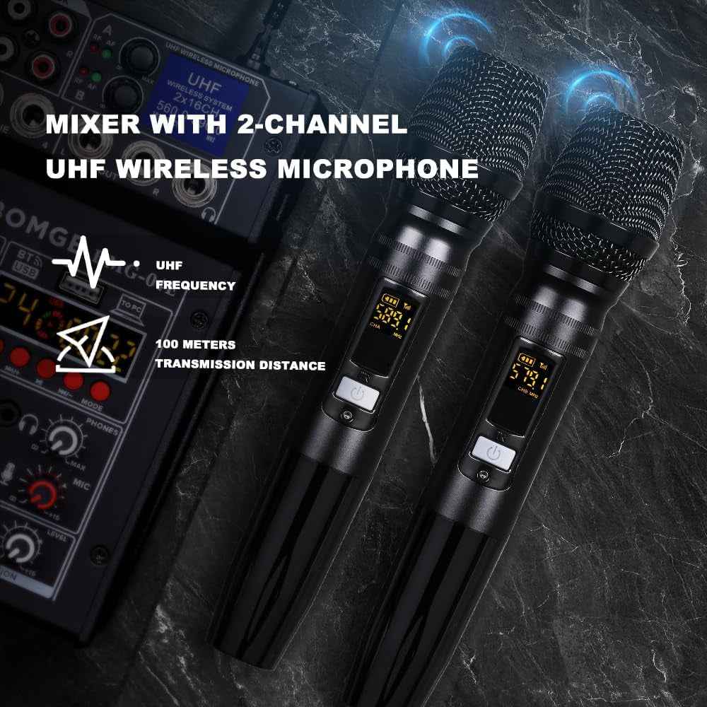 04E Karaoke Audio Mixer,4 Channel Mixer with Dual UHF Wireless Mic, Sound Board Console MP3 Bluetooth 48V Phantom Power USB Audio Interface DJ Mixing for Party Computer Studio Recording (04E)