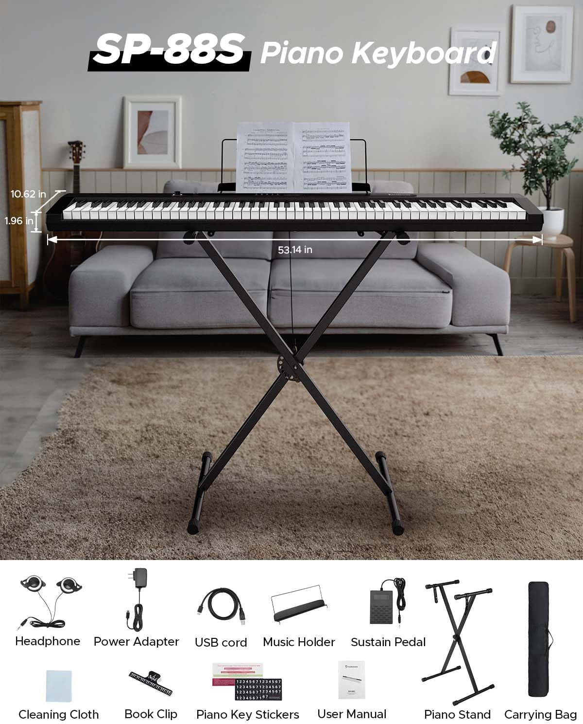 88 Key Piano Keyboard, Compact Bluetooth Digital Piano with Full-Size Semi Weighted 88 Keys, Budget Electric Keyboard Piano with Stand, Piano Pedal, Carrying Bag, Recording/Midi/Usb, Black