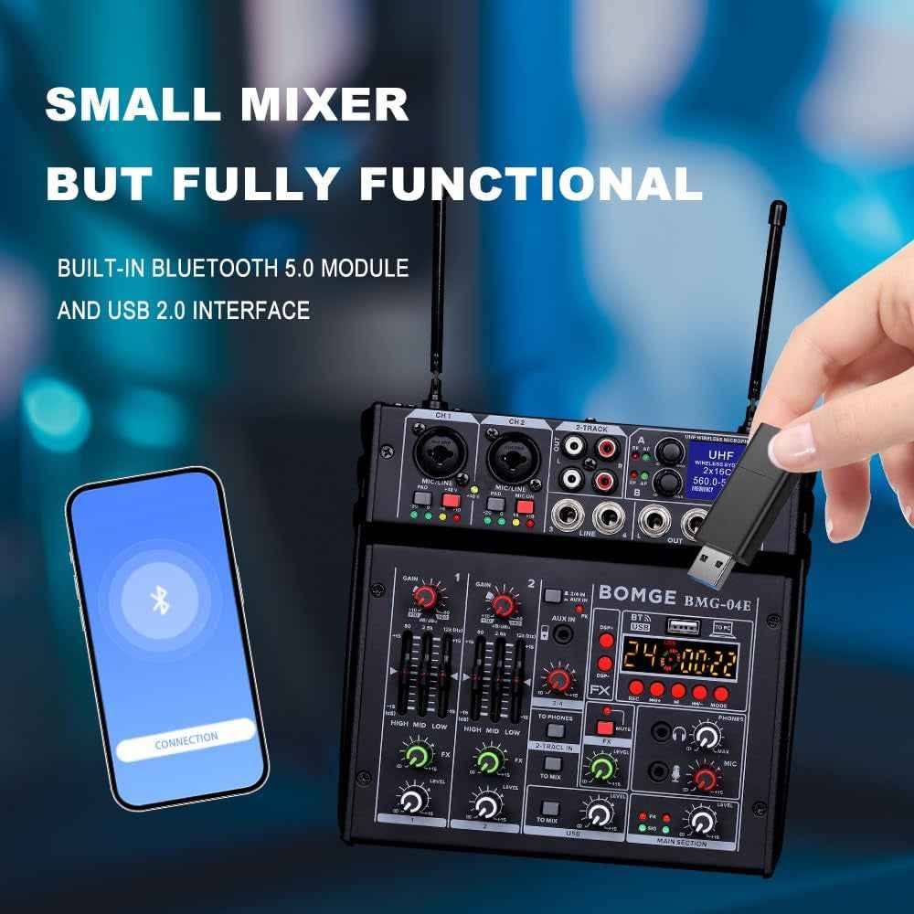 04E Karaoke Audio Mixer,4 Channel Mixer with Dual UHF Wireless Mic, Sound Board Console MP3 Bluetooth 48V Phantom Power USB Audio Interface DJ Mixing for Party Computer Studio Recording (04E)