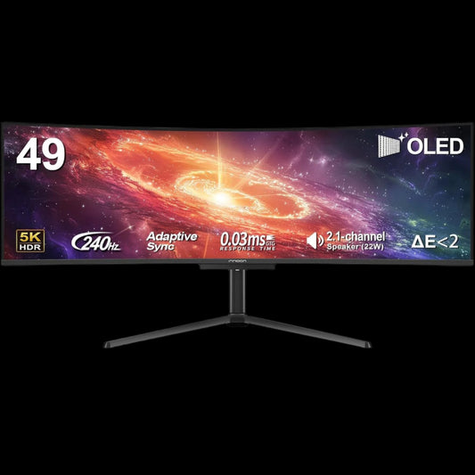 49" 49Q1S OLED Curved Gaming Monitor 5120 X 1440P 240Hz, 0.03Ms, USB Type C 90W, HDMI 2.1, Displayport, USB Hub, Surrounding Speakers, Adaptive-Sync, Height Adjustable Stand, Black