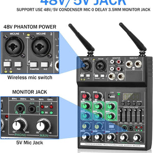 4 Channel Audio Mixer, Professional with Dual Wireless Microphone, Sound Board Console System Interface DJ Mixer BT USB MP3 Computer Input 48V Phantom Power, Suitable for DJ Karaoke Guitar