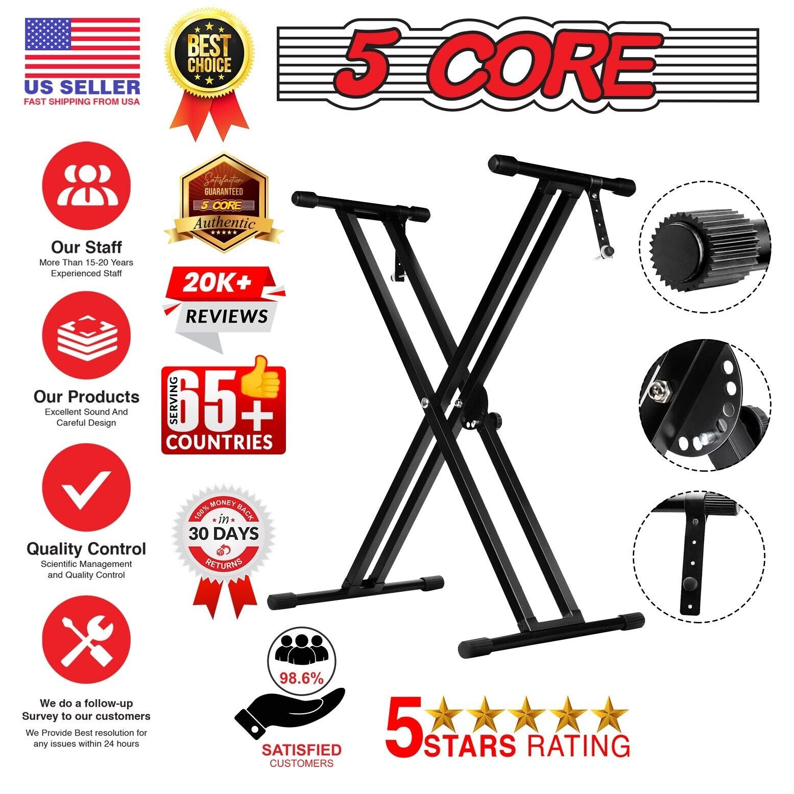 5Core Adjustable Keyboard Stand Electric Piano X Brace Stand Metal Dual Tuberack