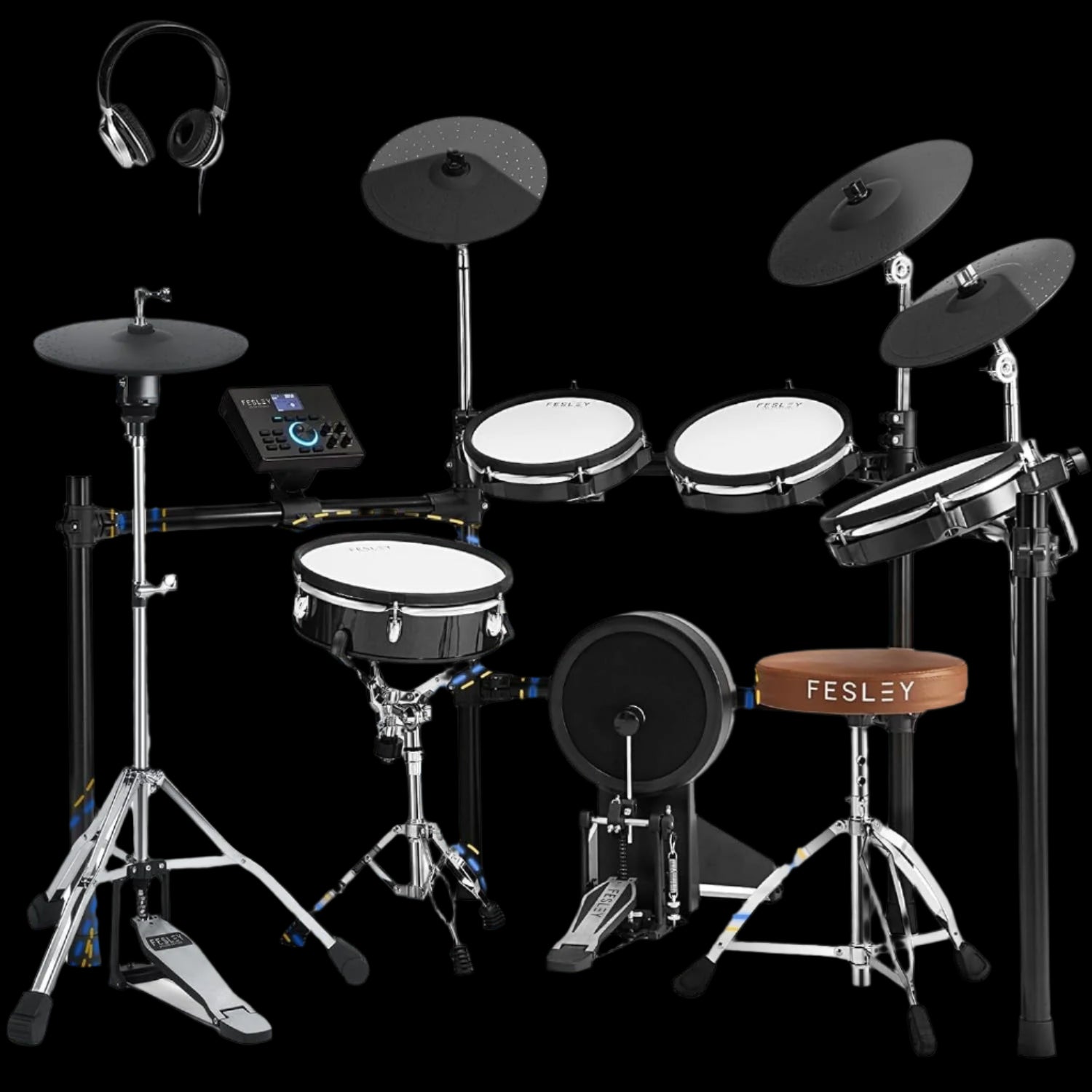 Electric Drum Set with Independent Hi-Hat Snare Drum: Full Size Electronic Drum Set with Mesh Dual Zone Drum Pad, Drum Set with Bluetooth MIDI Function, Throne, Headphones, Sticks, Black