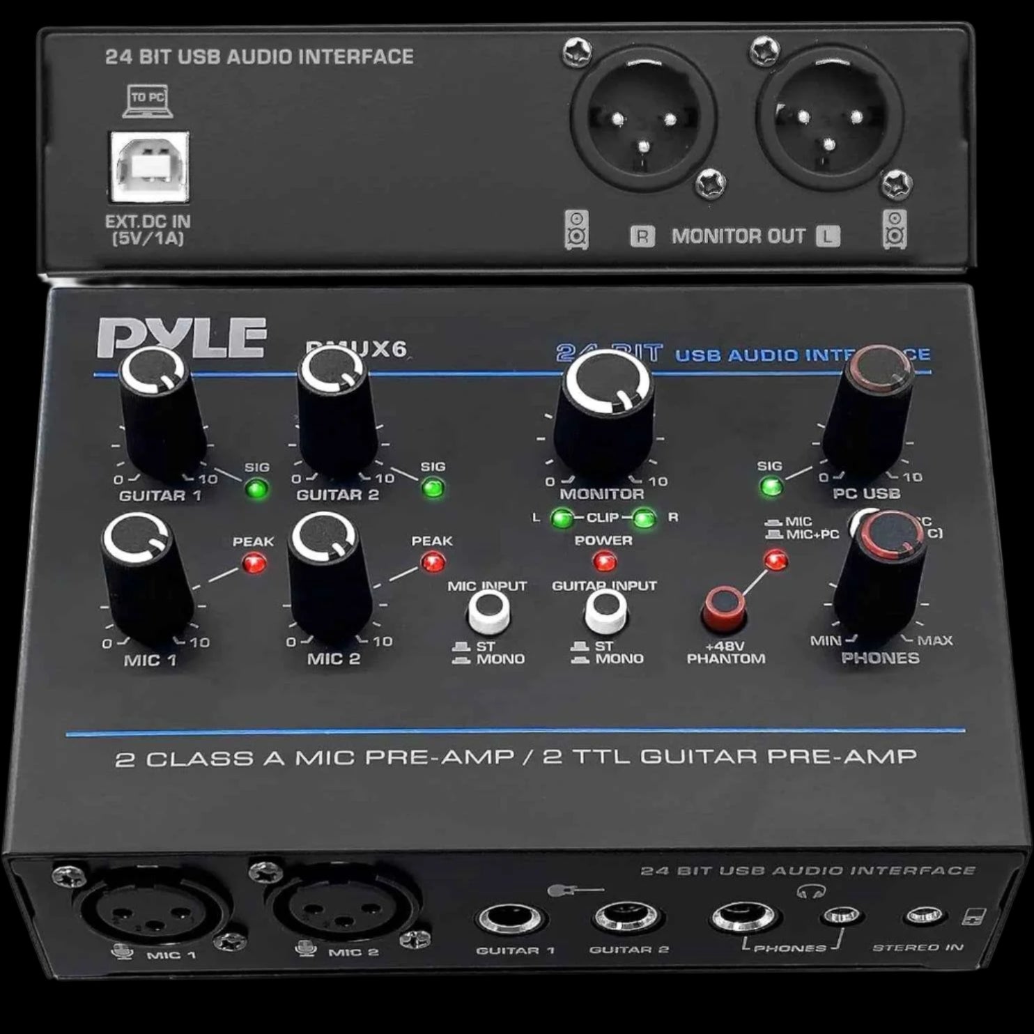 Professional USB Audio Interface with MIC, Guitar, AUX Stereo Inputs, Phone/Monitor Outputs, Ideal for Computer Playing & Recording, Compact Rugged Metal Housing - PMUX6