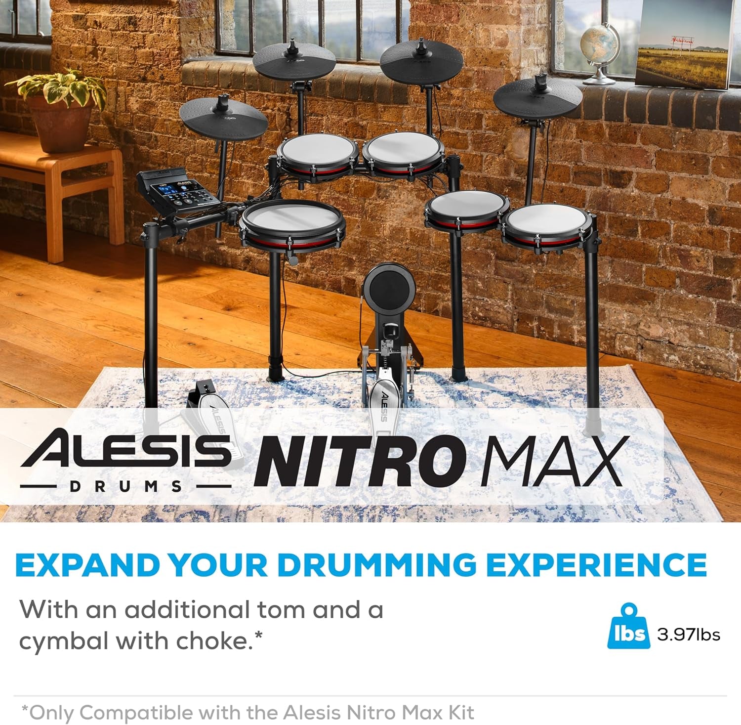 Nitro Max Kit 10 Piece Electric Drum Set with Quiet Mesh Pads, 10" Dual Zone Snare, Bluetooth, 440+ Sounds, Drumeo, USB MIDI, Kick Pedal