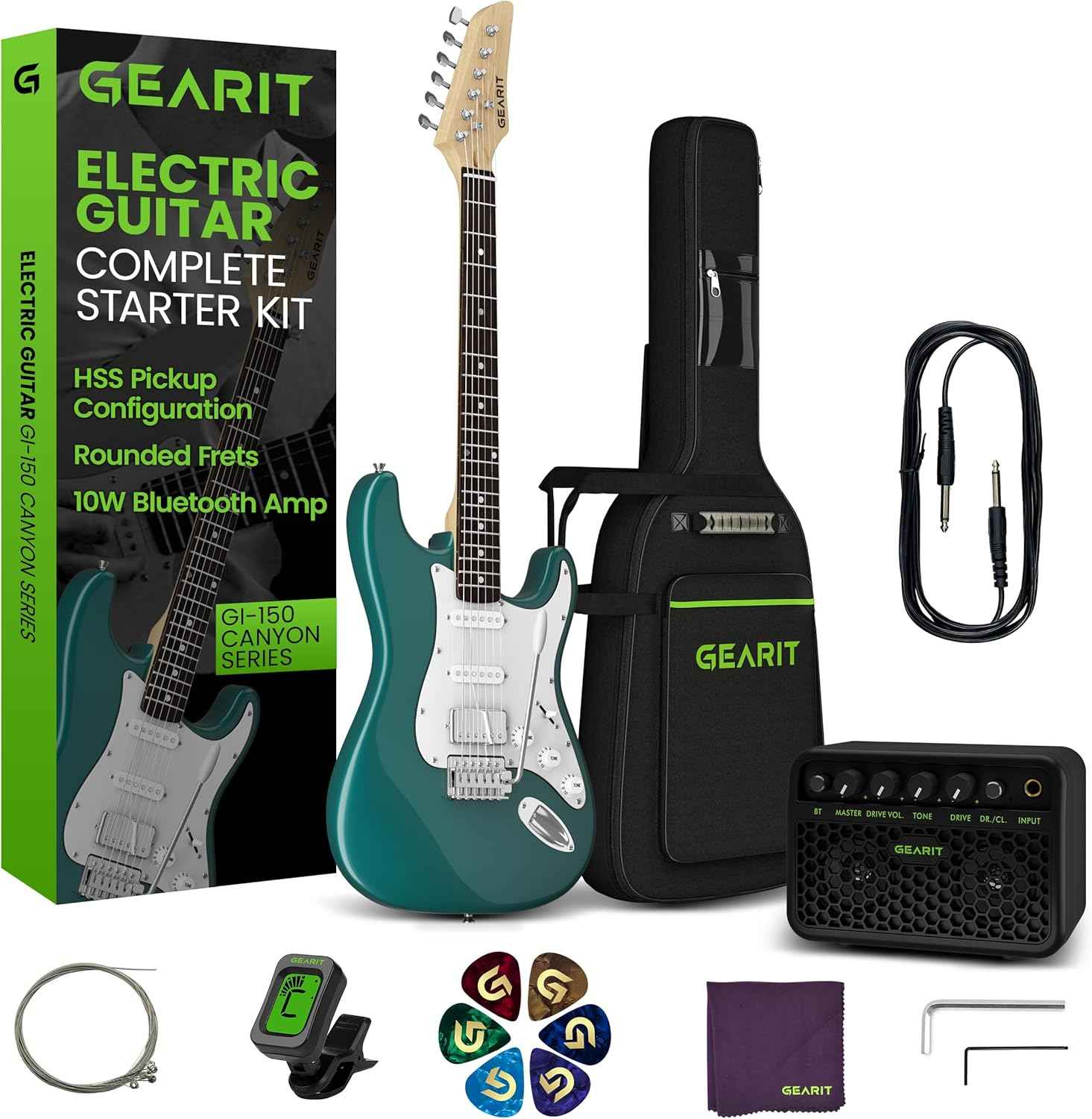 GI-150 Canyon Series 6 String Electric Guitar (Riptide Blue) Bundle with Tuner, Gig Bag, and Guitar Strap, Cable, Picks, and Strings