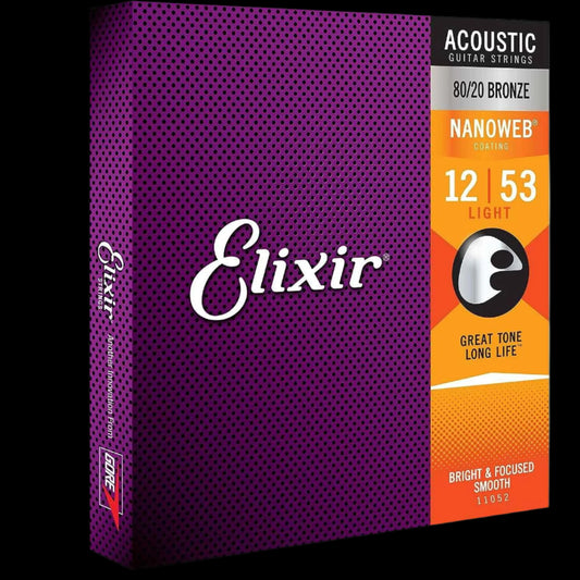 Strings, Acoustic Guitar Strings, 80/20 Bronze with NANOWEB Coating, Longest-Lasting Bright and Focused Tone with Comfortable Feel, 6 String Set, Light 12-53