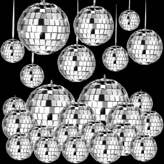 20 Pcs Disco Balls Decoration Hanging Mirror Disco Ball Ornaments Mardi Gras Assorted Silver Mini Glass Different Sizes Reflective with Rope (2.4, 2, 1.6, 1.2 Inch)