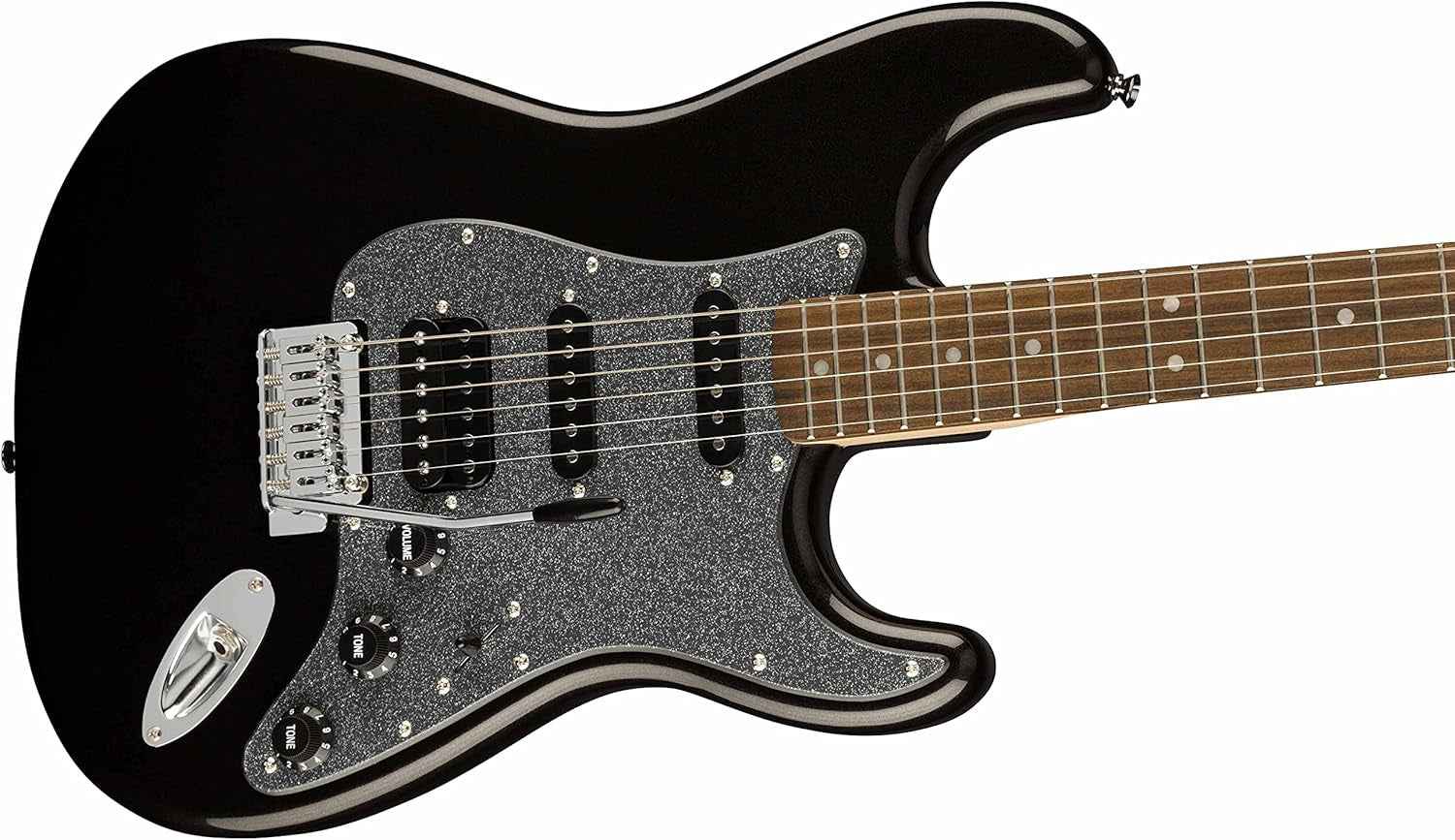 Fender Squier Stratocaster 6 String Electric HSS (Metallic Black) Bundle with Frontman 10G Amplifier, Gig Bag, Instrument Cable, Tuner, Strap, and Picks