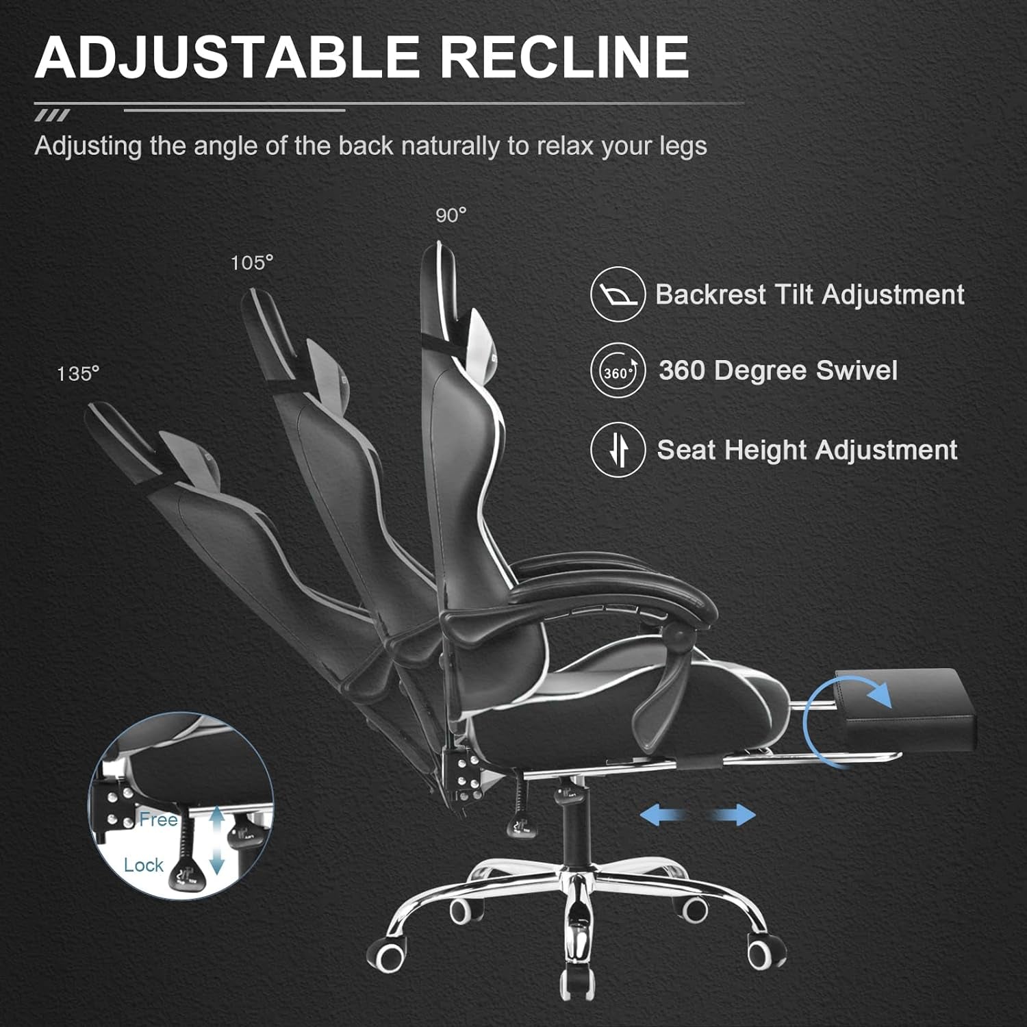 Gaming Chair, Computer Chair with Footrest and Lumbar Support, Height Adjustable Game Chair with 360°-Swivel Seat and Headrest and for Office or Gaming (White)