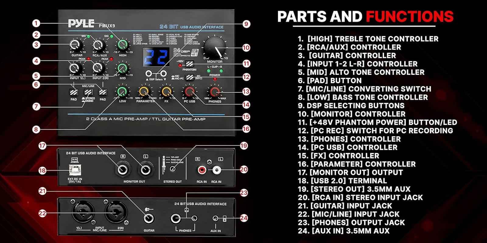 Professional USB Audio Interface with MIC/LINE, Guitar, AUX Stereo and RCA Inputs, Phone/Stereo/Monitor Outputs, Ideal for Computer Playing & Recording, Preset 24 Digital Effects - PMUX9