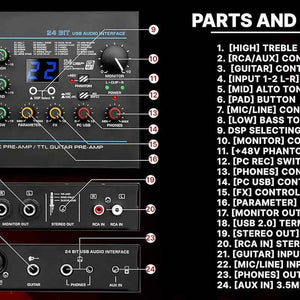 Professional USB Audio Interface with MIC/LINE, Guitar, AUX Stereo and RCA Inputs, Phone/Stereo/Monitor Outputs, Ideal for Computer Playing & Recording, Preset 24 Digital Effects - PMUX9