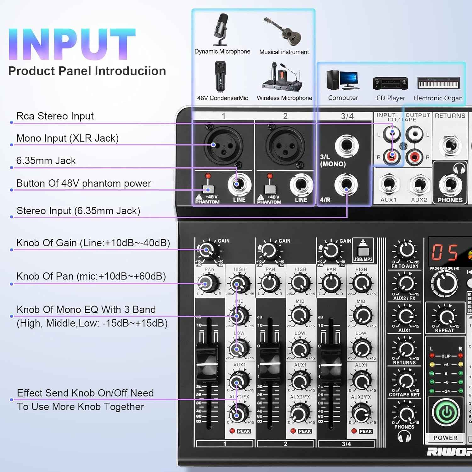 4 Channel Audio Interfacer DJ Mixer Sound Board 16-Bit DSP Effect USB Audio Mixer Effects +48V Phantom Bluetooth for Karaoke Studio Streaming Recording,Live Streaming