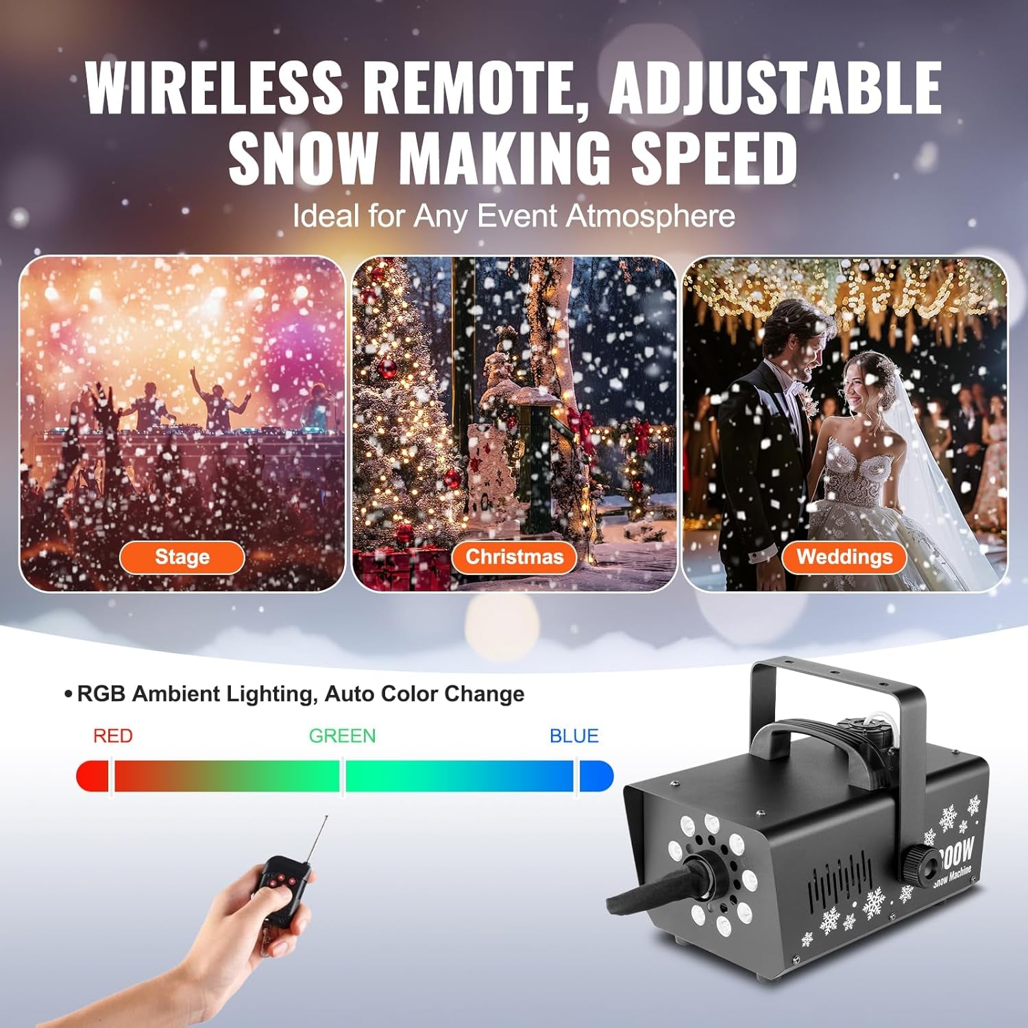 Snow Machine, 800W Snow Making Machine with 9 LED RGB Lights and Remote Control, High Output Snowflake Maker Stage Snow Effect for Christmas, Halloween, Wedding, DJ Parties and Valentine'S Day