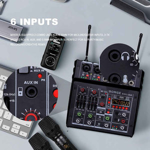 04E Karaoke Audio Mixer,4 Channel Mixer with Dual UHF Wireless Mic, Sound Board Console MP3 Bluetooth 48V Phantom Power USB Audio Interface DJ Mixing for Party Computer Studio Recording (04E)