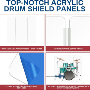 Drum Shield 5Ft W/Living Hinges, Comes W/ 3 Drum Panels & Living Hinges, Premium Clear Acrylic Panels, Drum Screen