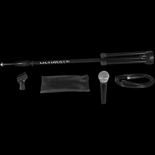 Shure SM58 Pro XLR Dynamic Microphone Stage Performance Kit W/ 15-Ft XLR-XLR Cable, Stand, A25D Clip & Bag