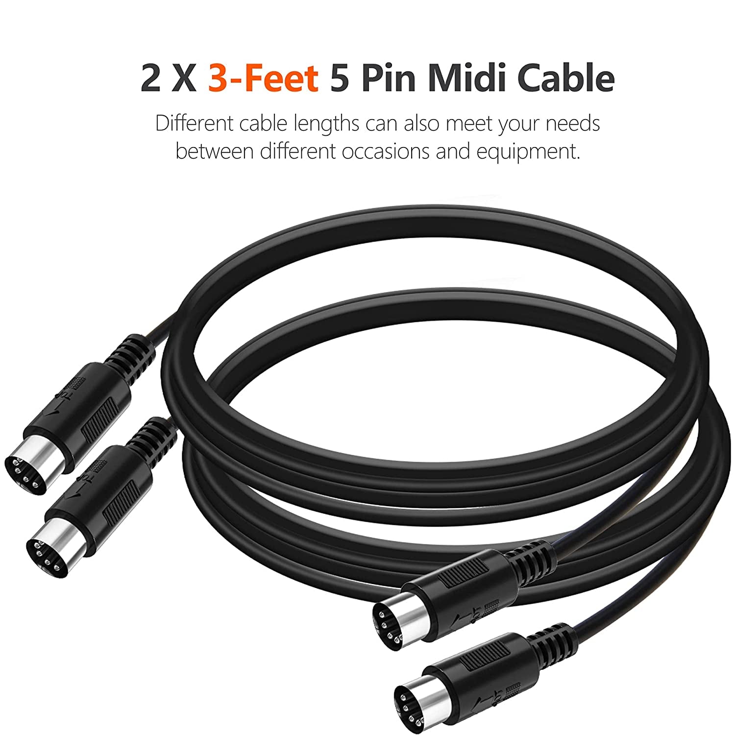 MIDI Cable, 2-Pack 3-Feet Male to Male 5-Pin MIDI Cable Compatible with MIDI Keyboard, Keyboard Synth, Rack Synth, Sampler, External Sound Card, Sound Source and Other Music Gear