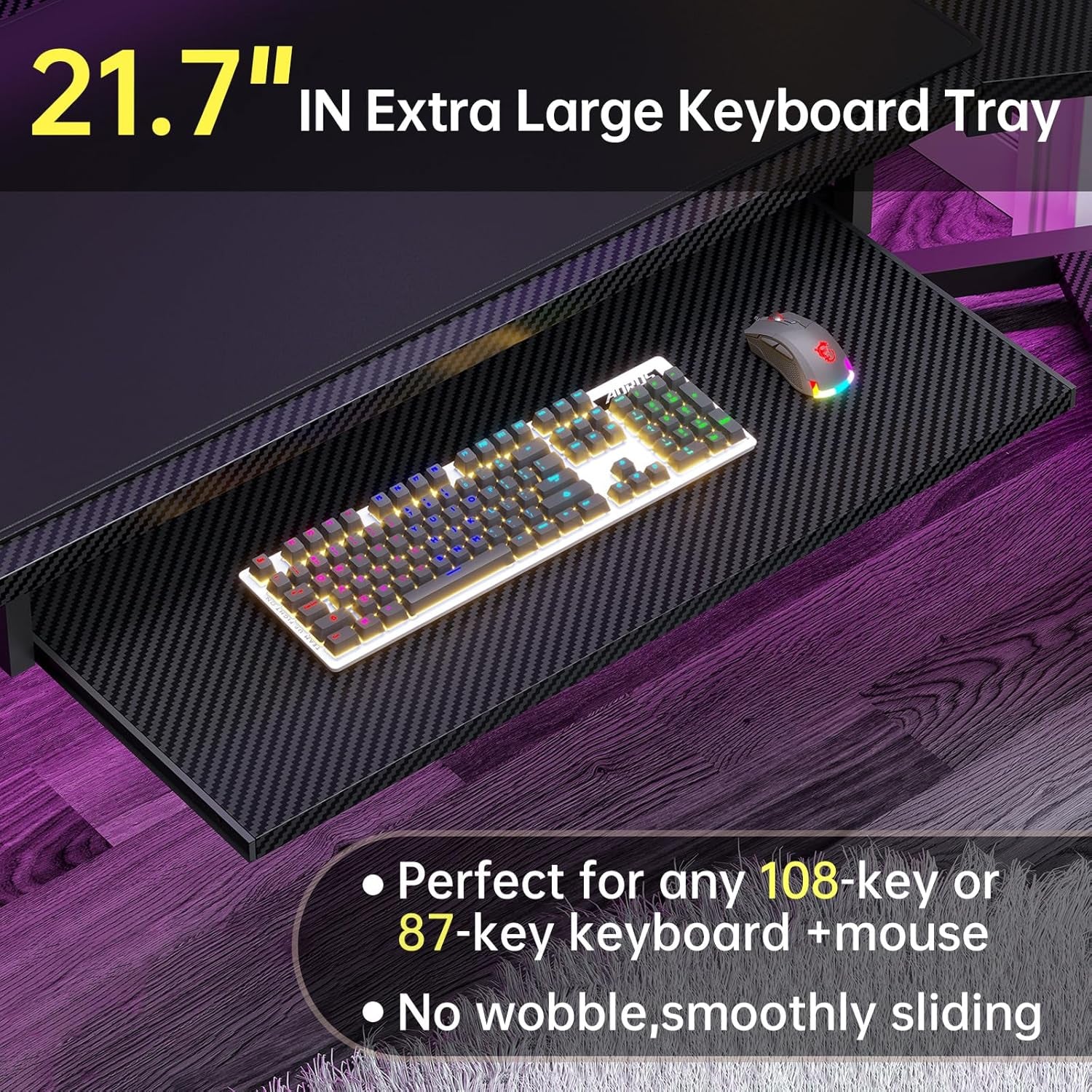 79" L-Shaped Gaming Desk with LED Light & Storage - Stylish Carbon Fiber Black Design with 2 Fabric Drawers for Home Office