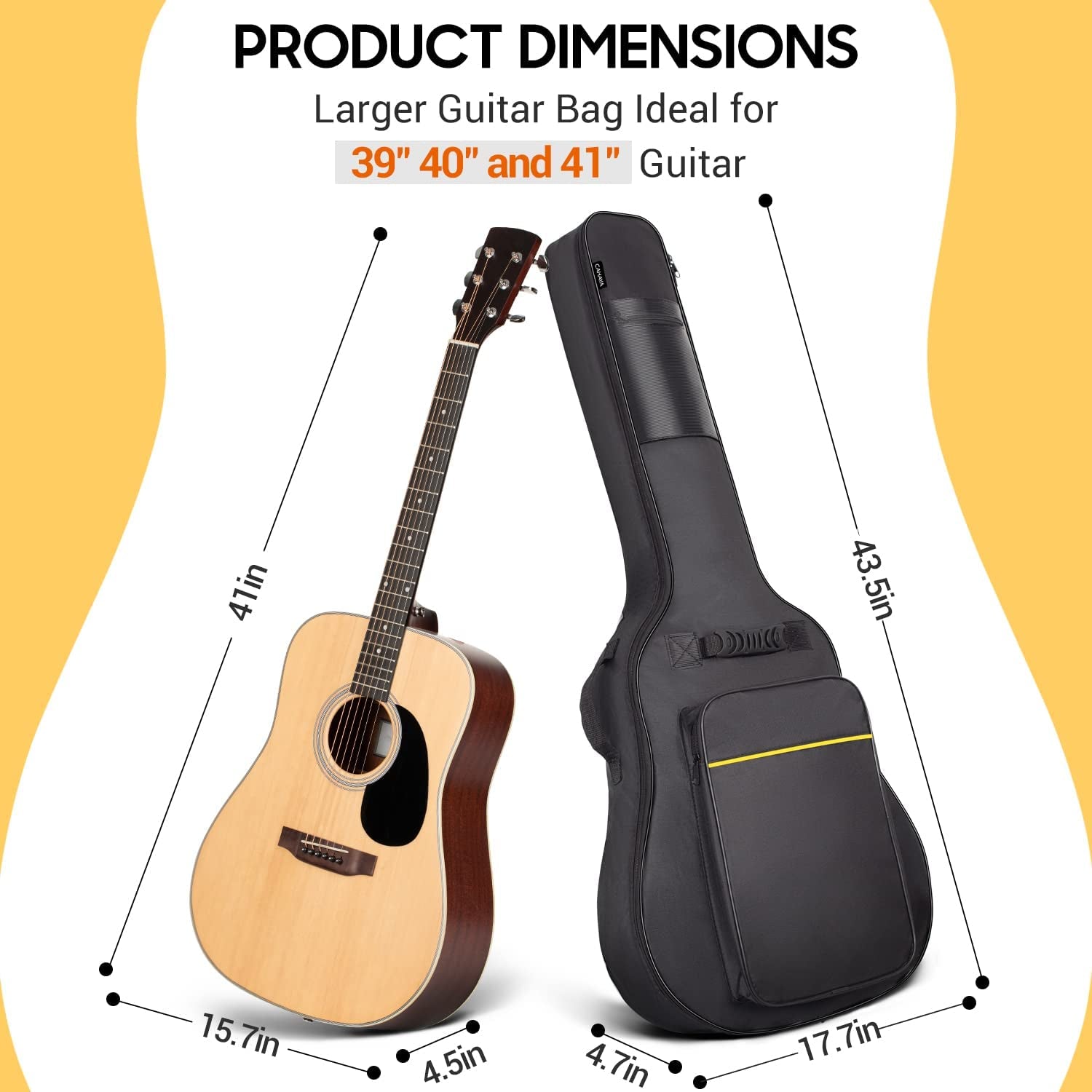 41 in Acoustic Guitar Bag 0.35 in Thick Padding Water Resistent Dual Adjustable Shoulder Strap Guitar Case Gig Bag with Back Hanger Loop, Black CY0152