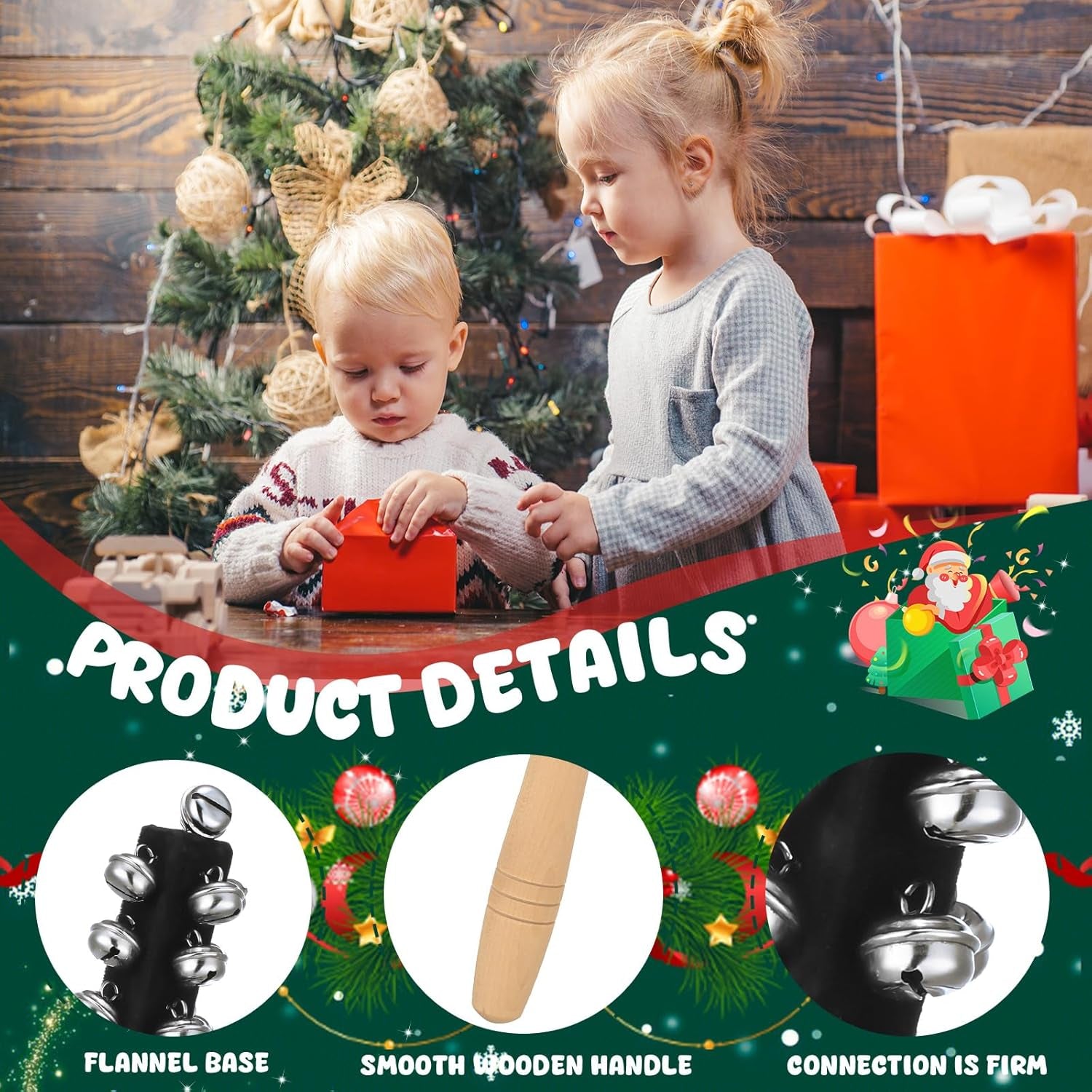 2 Pcs Christmas Hand Jingle Bells Wooden Handle Sleigh Bells Christmas Stick Jingle Bells Shaker Rattle Musical Percussion Handheld Bells Holiday Xmas Gifts (Black)