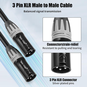 XLR Male to Male Cables 25 Ft 2 Pack – Balanced 3-Pin XLR Patch Cables with 22 AWG OFC for Mixers and PA Speakers