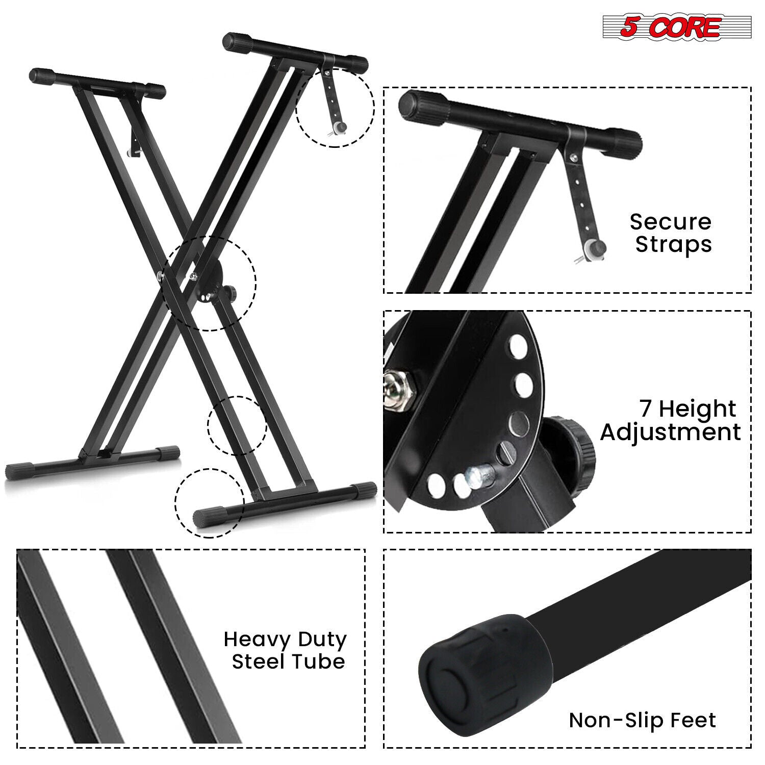 5Core Adjustable Keyboard Stand Electric Piano X Brace Stand Metal Dual Tuberack