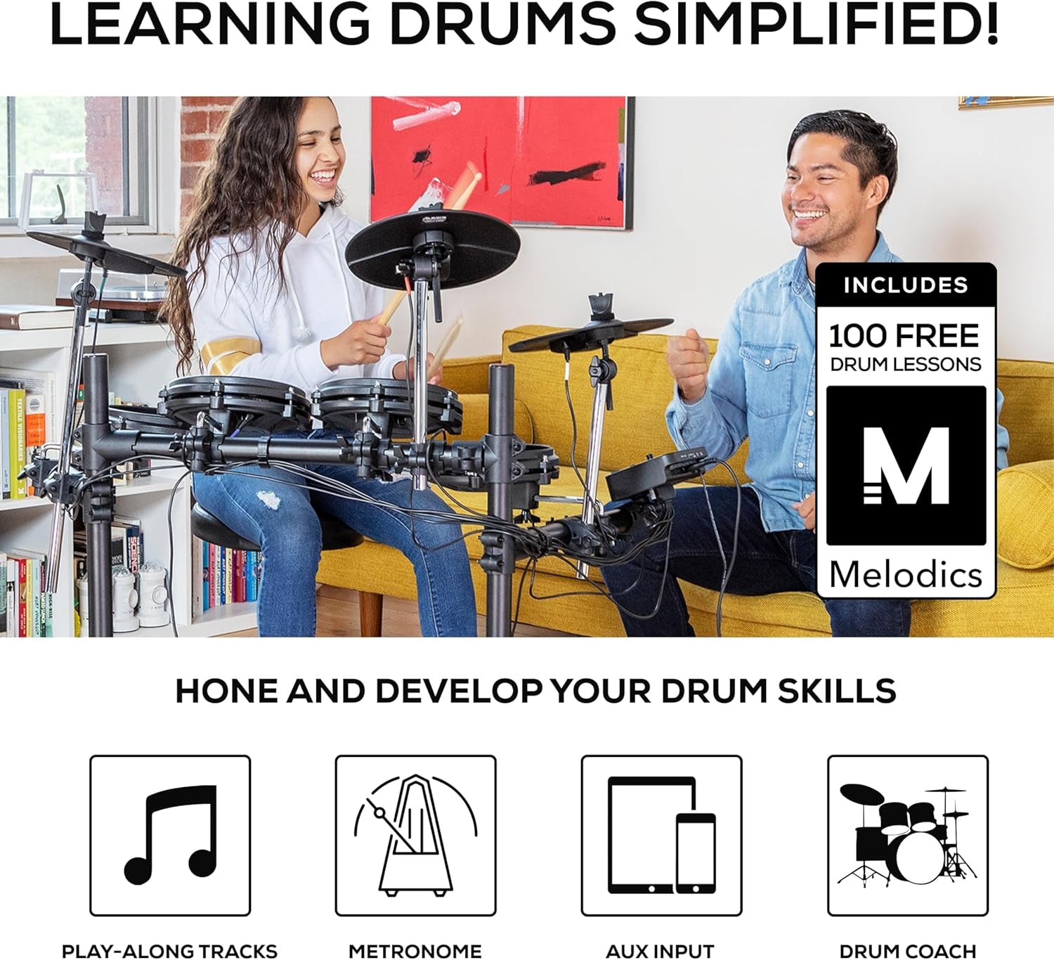 Turbo Mesh Kit – Electric Drum Set with 100+ Sounds, Quiet Mesh Drum Pads, Drum Sticks, Connection Cables, Drum Lessons