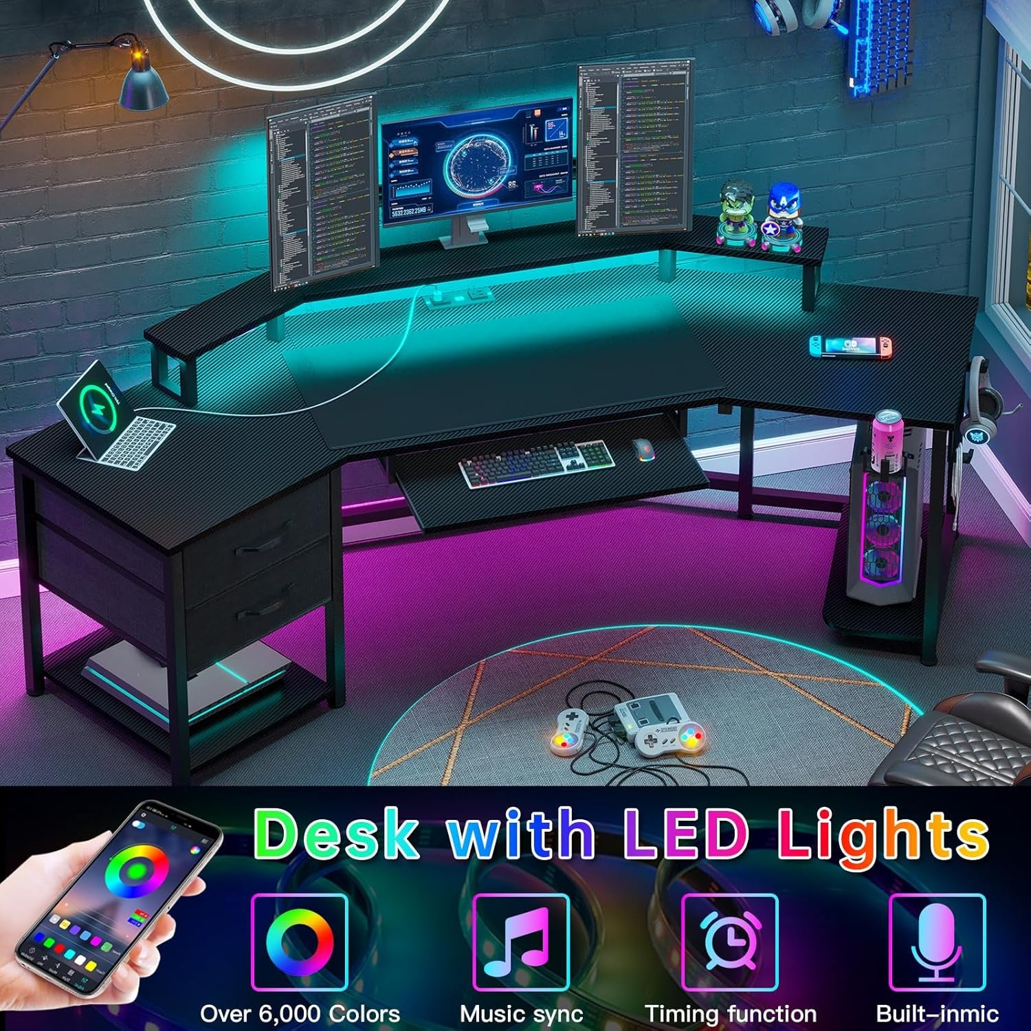 79" L-Shaped Gaming Desk with LED Light & Storage - Stylish Carbon Fiber Black Design with 2 Fabric Drawers for Home Office