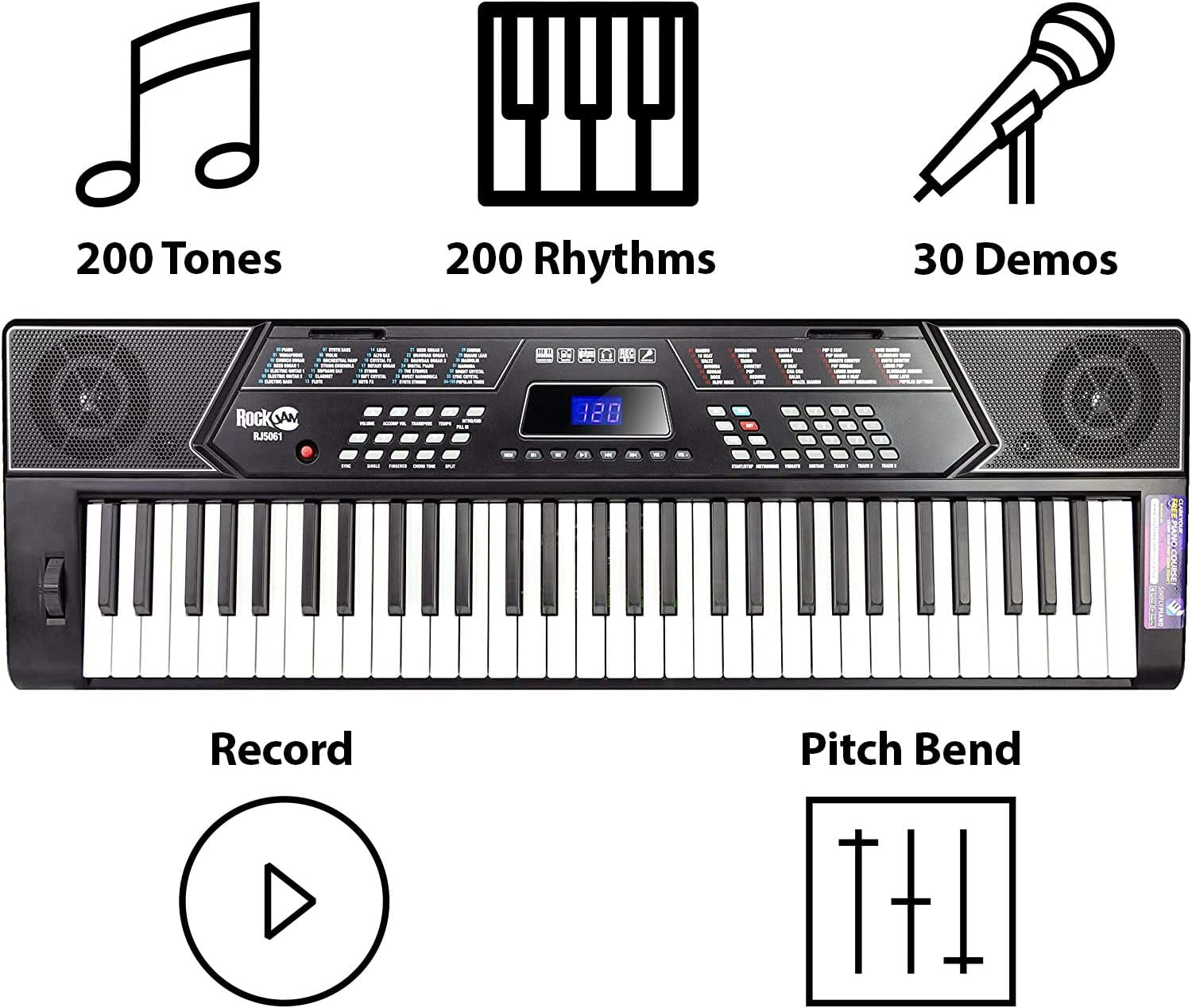 61 Key Keyboard Piano Stand with Pitch Bend Kit, Piano Bench, Headphones, Simply Piano App & Keynote Stickers