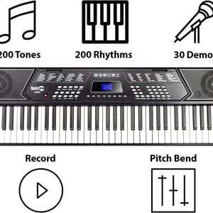 61 Key Keyboard Piano Stand with Pitch Bend Kit, Piano Bench, Headphones, Simply Piano App & Keynote Stickers