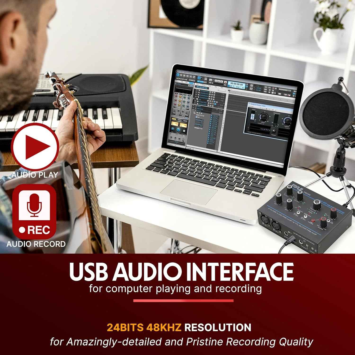 Professional USB Audio Interface with MIC, Guitar, AUX Stereo Inputs, Phone/Monitor Outputs, Ideal for Computer Playing & Recording, Compact Rugged Metal Housing - PMUX6