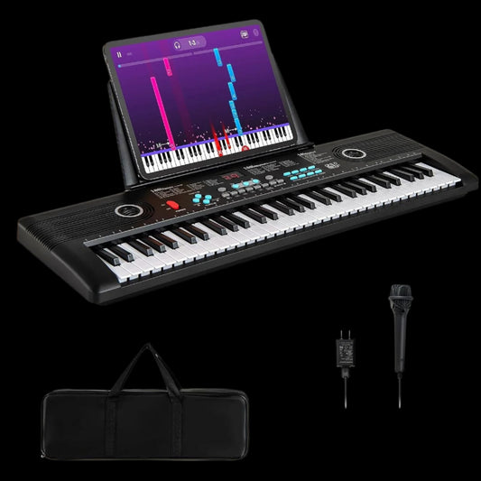 61 Key Keyboard Piano, Electric Digital Piano Keyboard with Microphone, Music Stand, Keynote Stickers & Carrying Bag, Portable Keyboard Piano for Beginners Adults