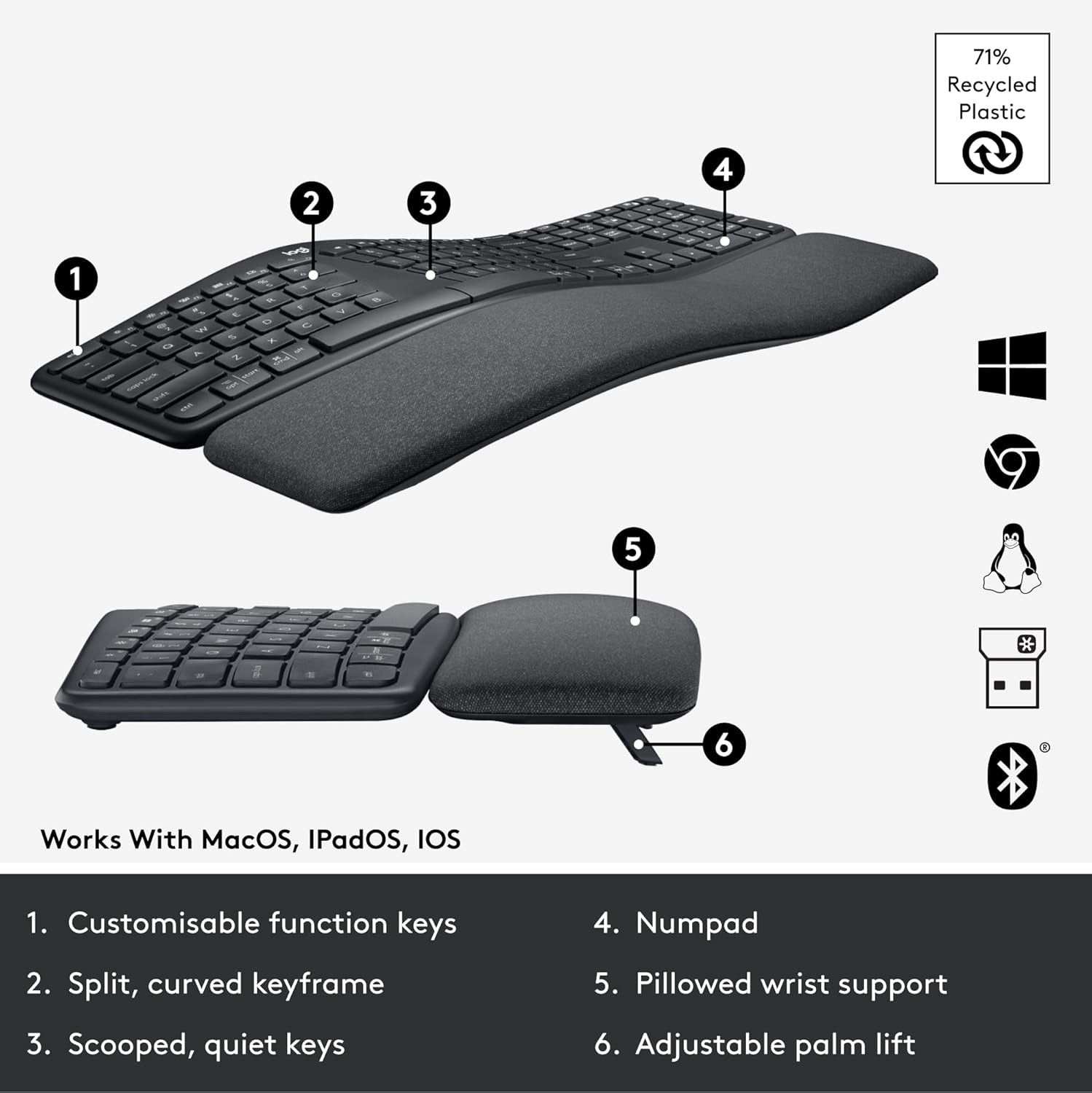 ERGO K860 Wireless Ergonomic Keyboard - Split Keyboard, Wrist Rest, Natural Typing, Stain-Resistant Fabric, Bluetooth and USB Connectivity, Compatible with Windows/Mac, Black