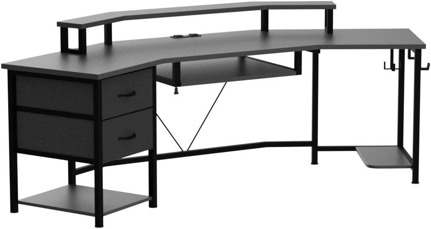 79" L-Shaped Gaming Desk with LED Light & Storage - Stylish Carbon Fiber Black Design with 2 Fabric Drawers for Home Office