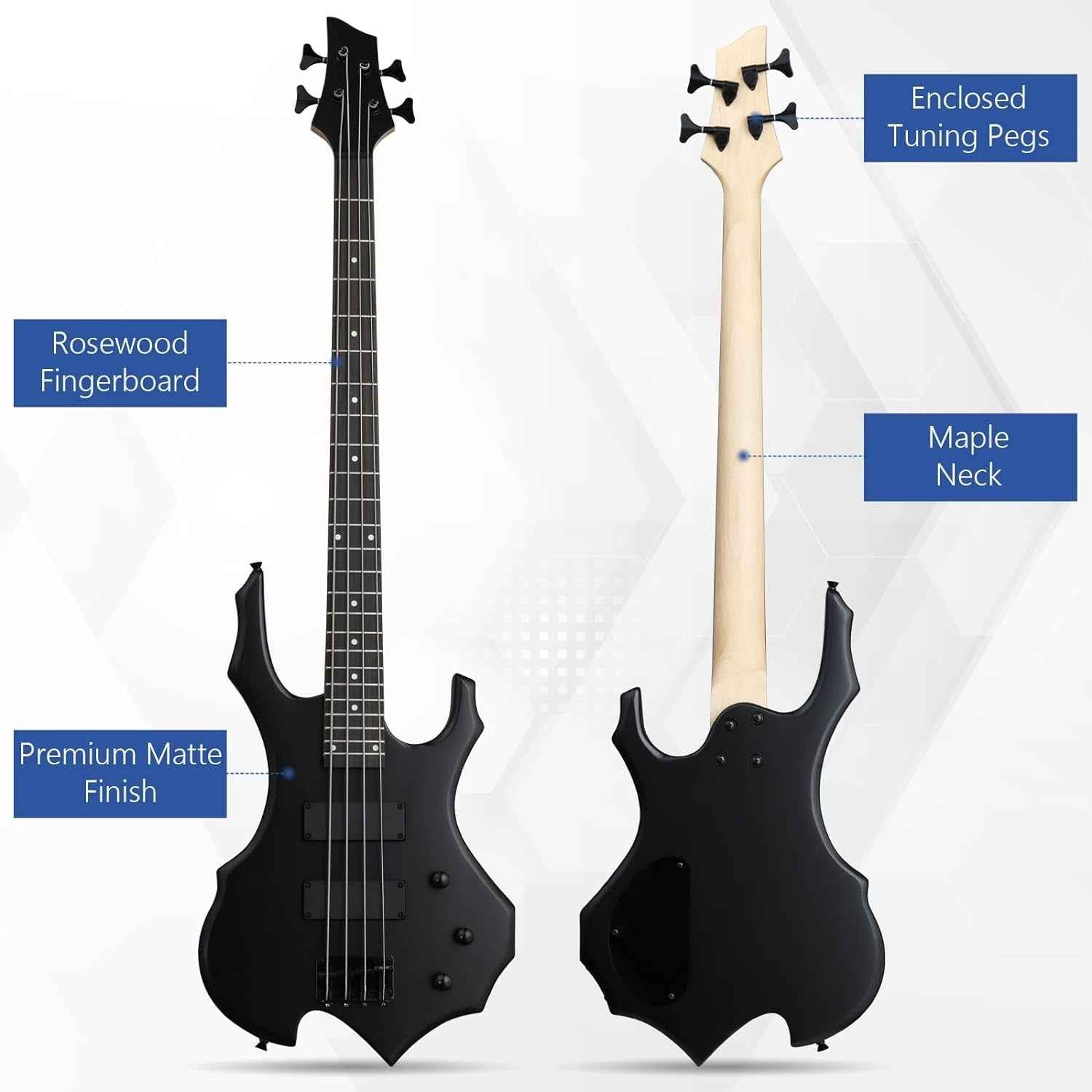 Electric Bass Guitar 4 String (Matte Black) W/ 20W Amp, Gig Bag, Amp Cable, and Guitar Strap