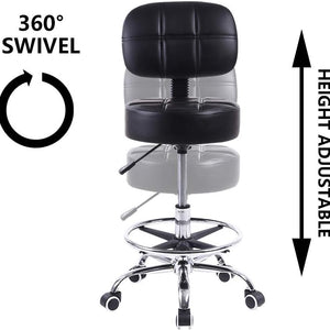 Swivel round Rolling Stool PU Leather with Adjustable Foot Rest Height Adjustable Task Work Drafting Chair with Back (Black)