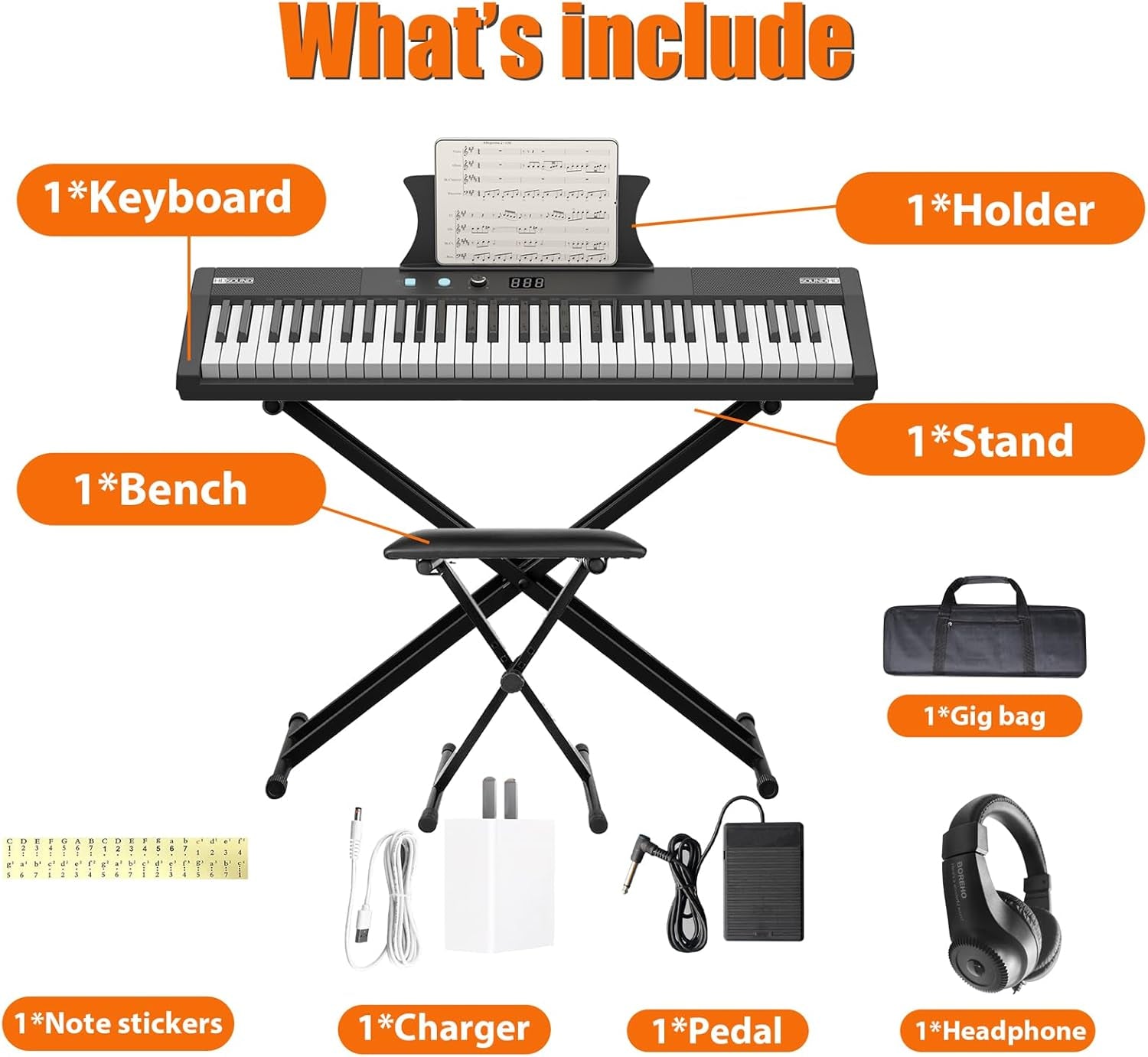 61-Key Portable Electric Keyboard Piano, Semi-Weighted Keys with Power Supply, Built-In Speakers, Pedal, Stand, and Stool,For Beginners and Professionals, Perfect Birthday or Christmas Gift