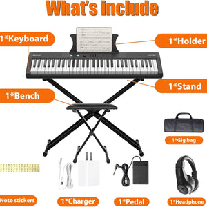 61-Key Portable Electric Keyboard Piano, Semi-Weighted Keys with Power Supply, Built-In Speakers, Pedal, Stand, and Stool,For Beginners and Professionals, Perfect Birthday or Christmas Gift