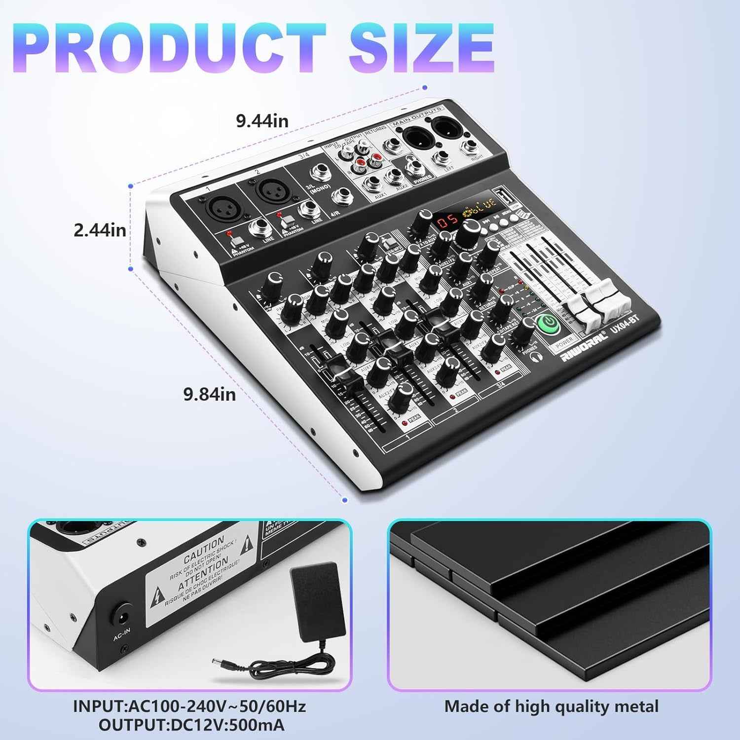 4 Channel Audio Interfacer DJ Mixer Sound Board 16-Bit DSP Effect USB Audio Mixer Effects +48V Phantom Bluetooth for Karaoke Studio Streaming Recording,Live Streaming