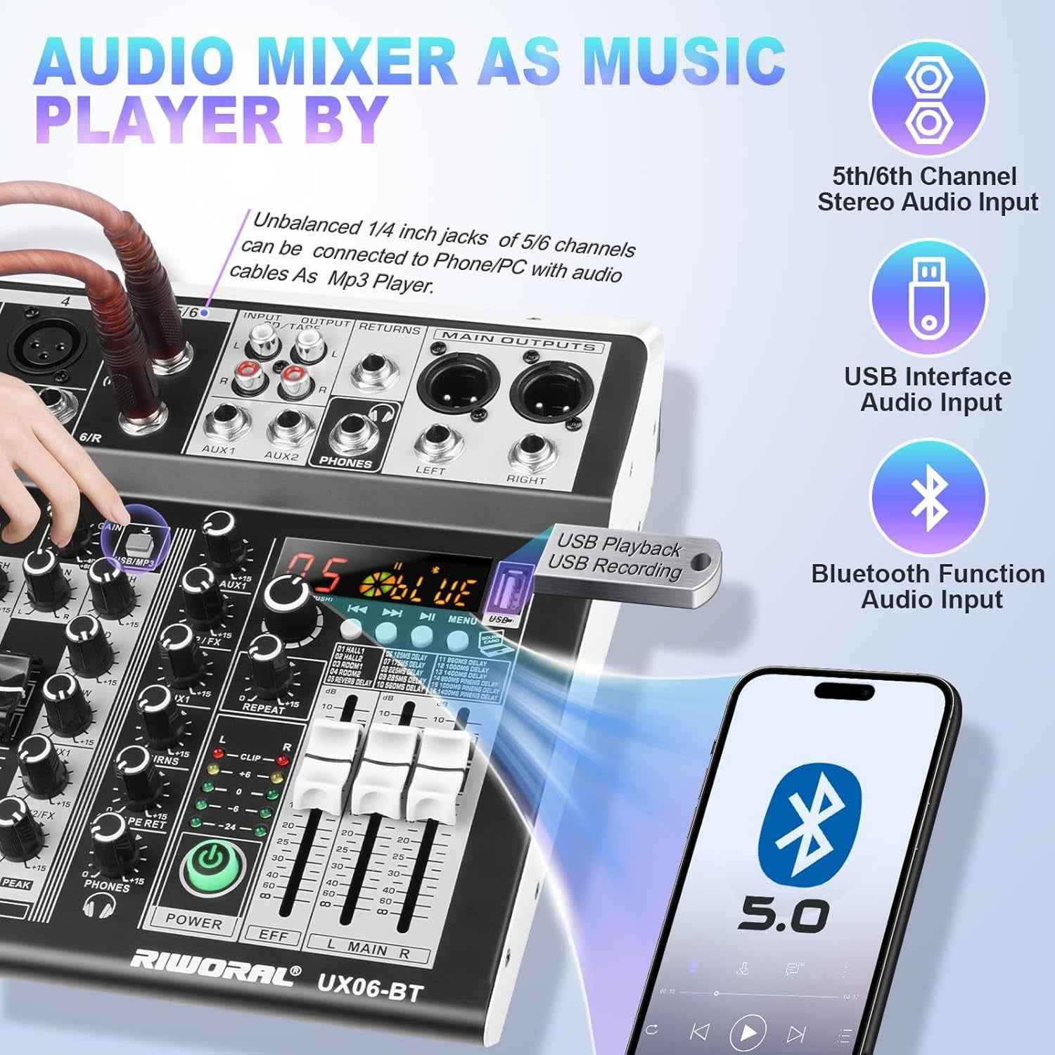 6 Channel Audio Interface Sound Board Mixing Console 16-Bit DSP DJ Mixer Audio Reverb Effect +48V Phantom Bluetooth Studio Audio Mixer for Karaoke Studio Streaming Recording